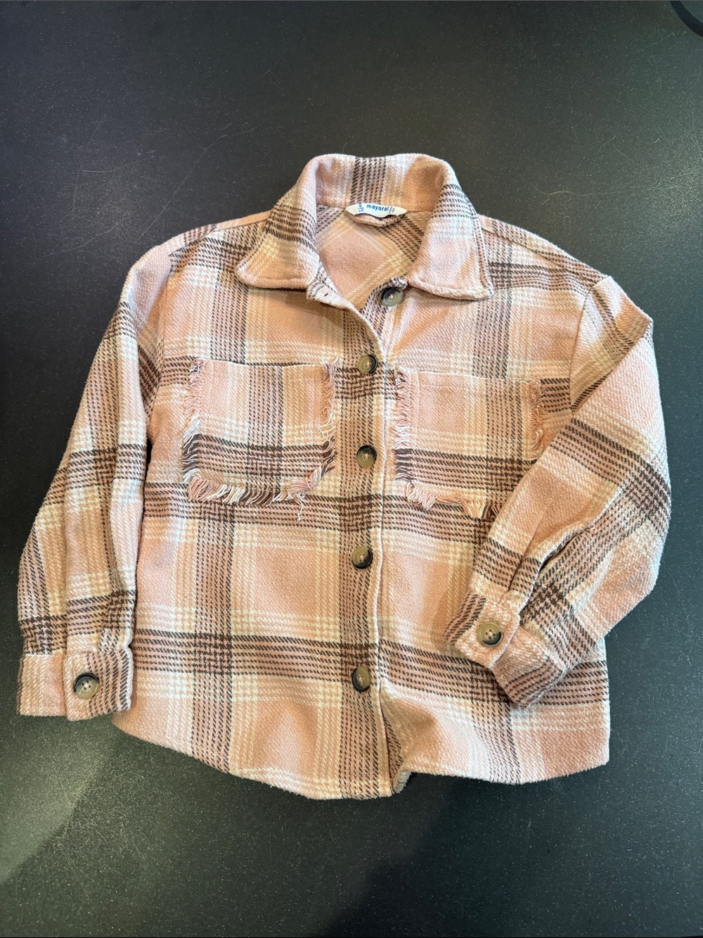 Mayoral Plaid Button-Up Shirt Jacket - Pink Plaid size 6